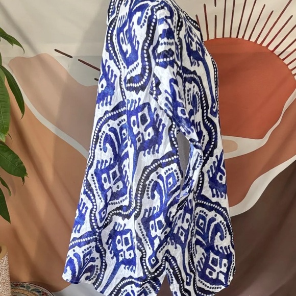 Artsy Chicos Womens 100% Linen Ikat Printed Poncho Beach Top White Blue S/M Boho - Picture 9 of 10